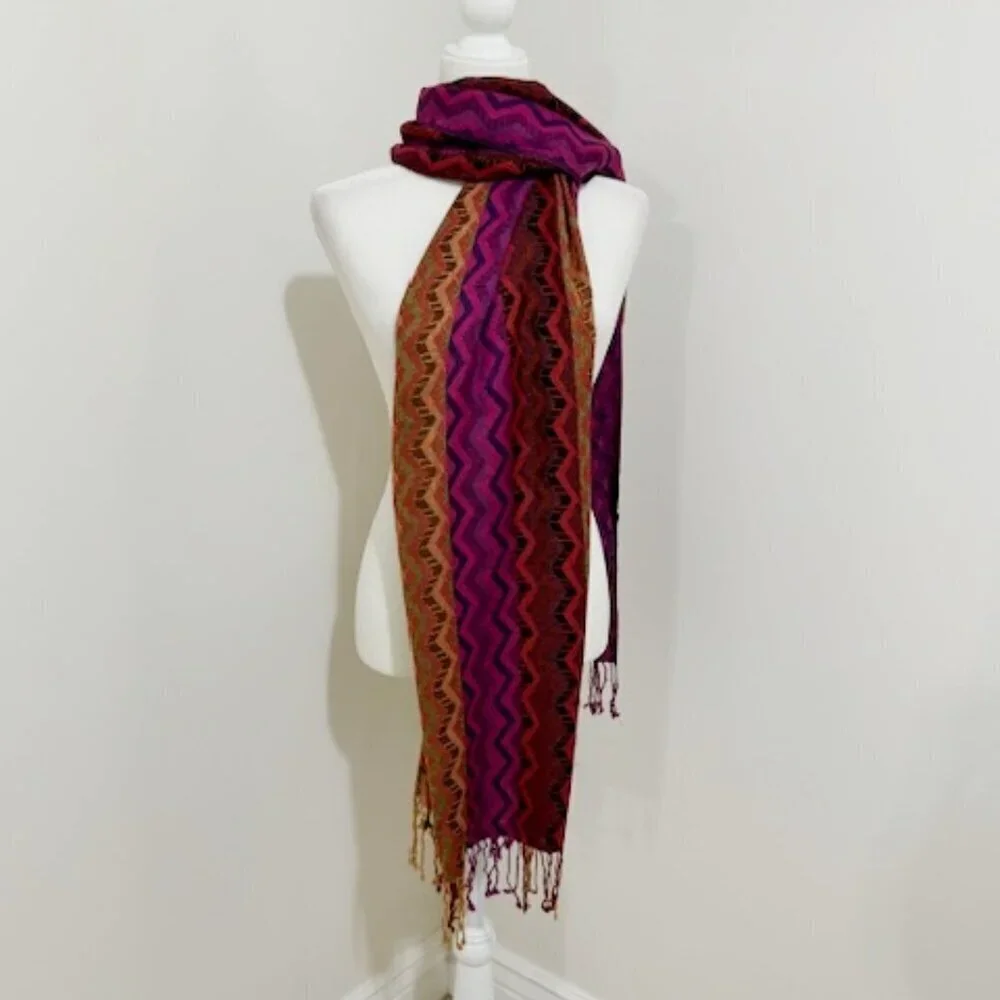 Woven Cashmere Silk Scarf Wrap Zigzag Chevron Pattern Boho Made in Nepal